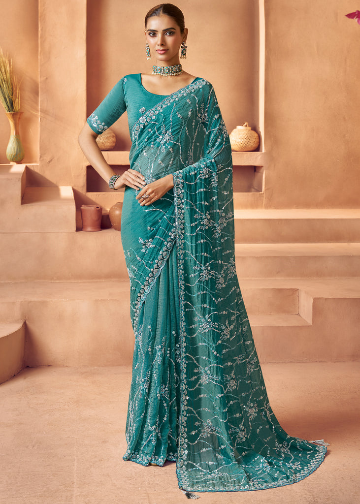 Tropical Green Designer Tissue Silk Saree