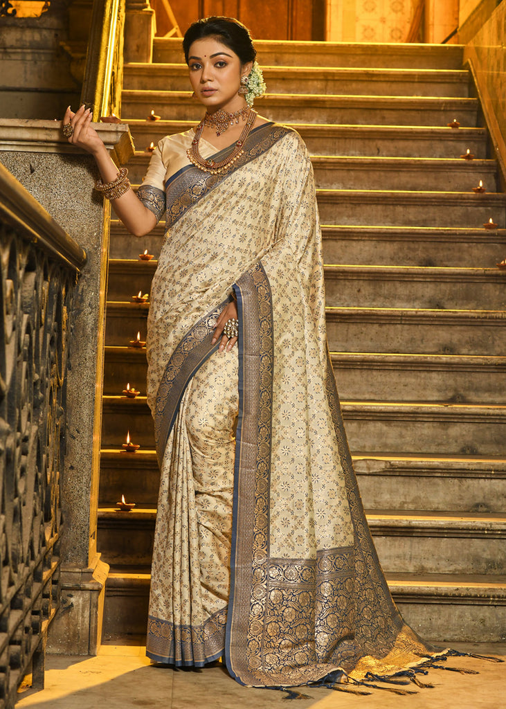 Blue And Beige Woven Banarasi Brocade Silk Saree With Overall Jaal