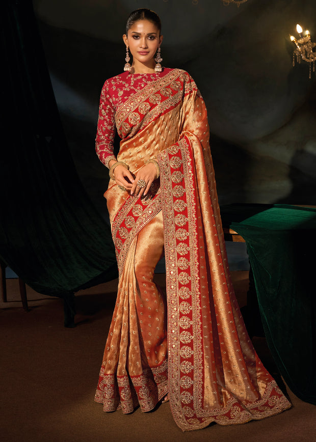 Golden Red Embroidered Silk Saree