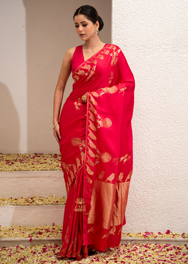 Sparrow's Song rose pink Banarasi satin silk saree with delicate gold zari motifs