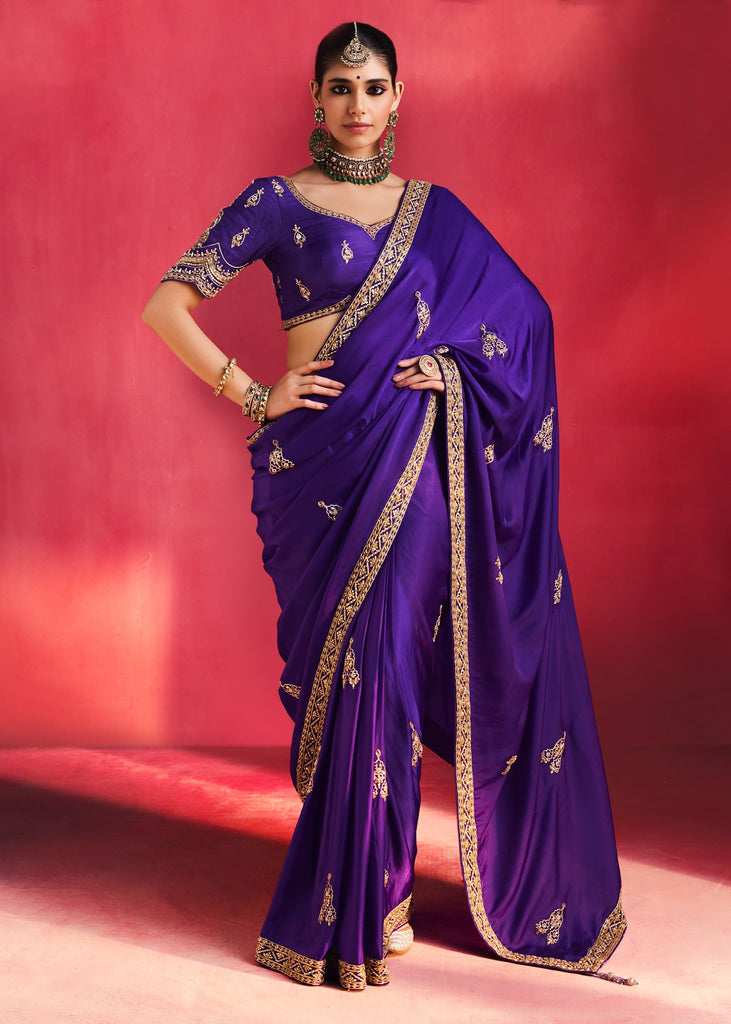 Royal Purple Embroidered Soft Silk Saree With Contrast Blouse