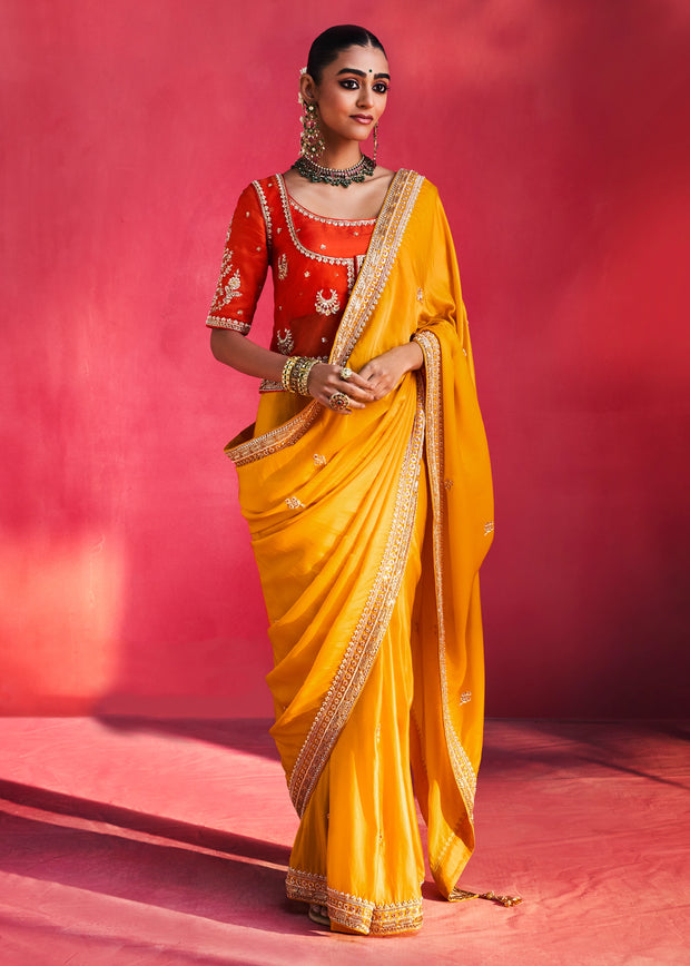 Vibrant Yellow Embroidered Soft Silk Saree With Contrast Blouse