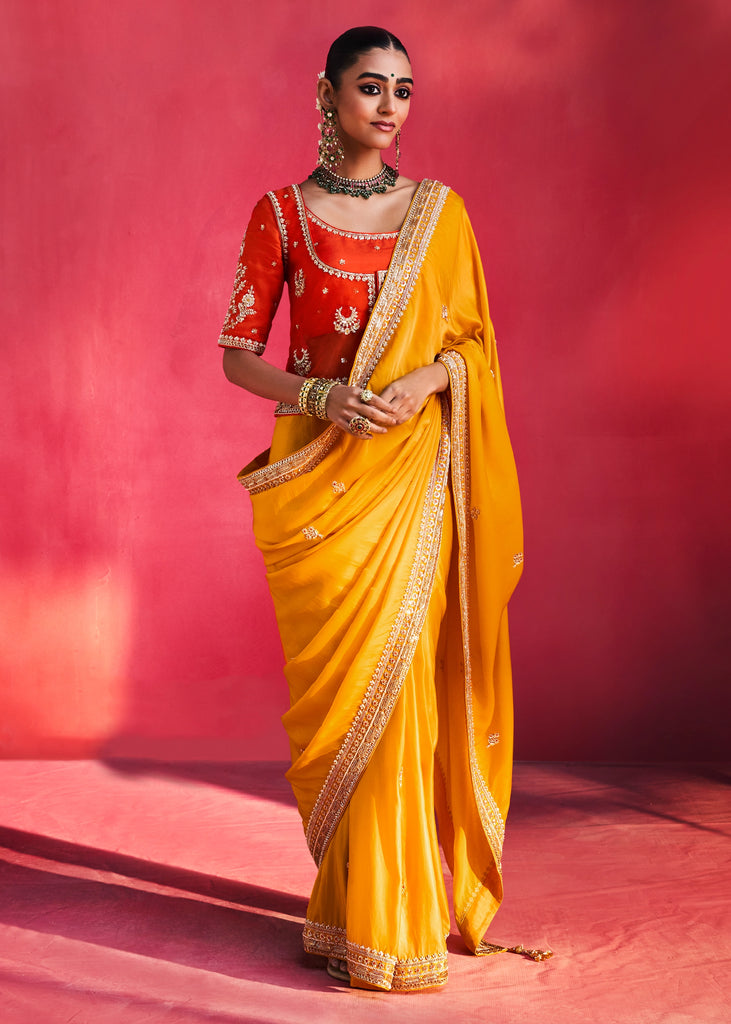 Vibrant Yellow Embroidered Soft Silk Saree With Contrast Blouse