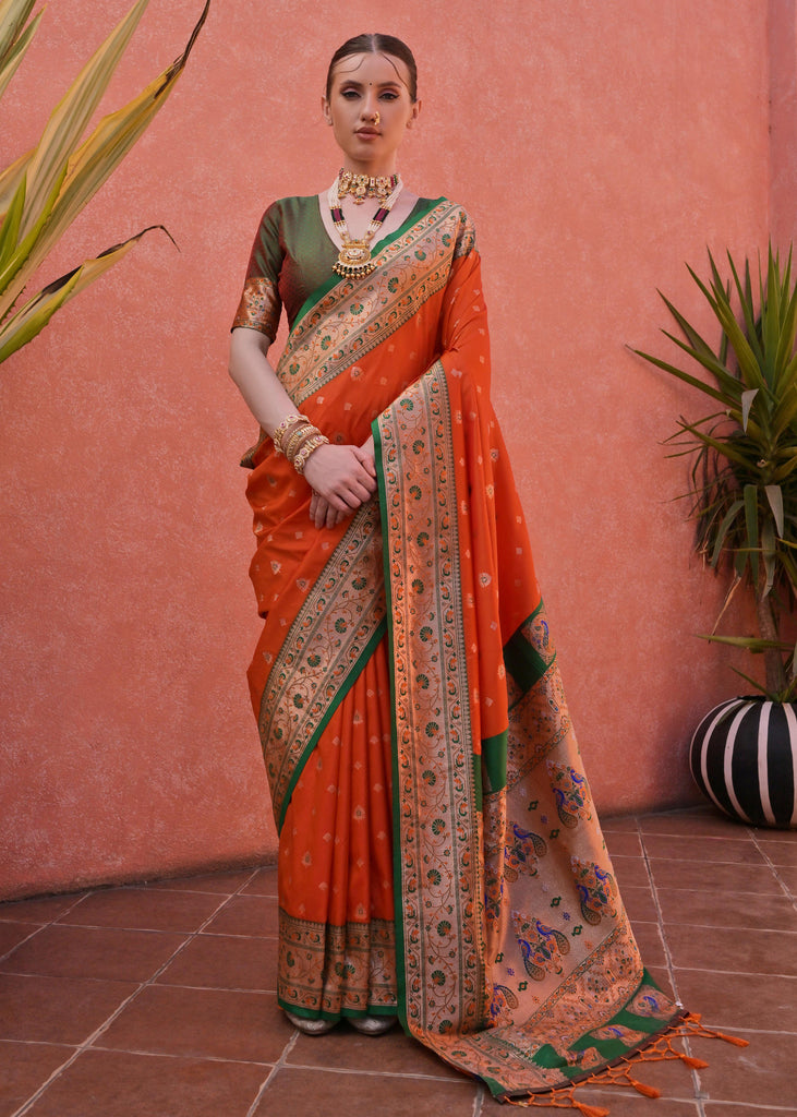 Burnt Orange Woven Paithani Silk Saree