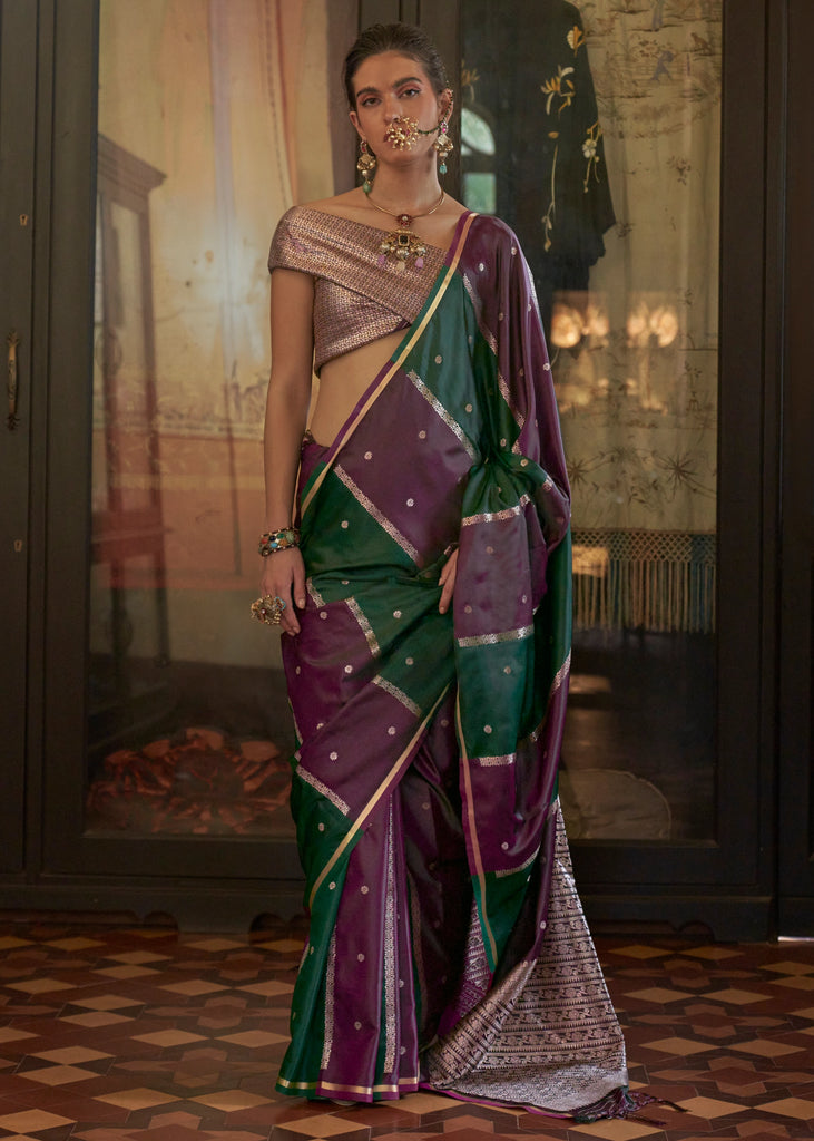 Purple And Green Rangkat Satin Silk Saree