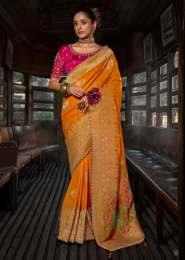 “Exclusive Offer” : Zinnia Orange Woven Embroidered Banarasi Silk Saree