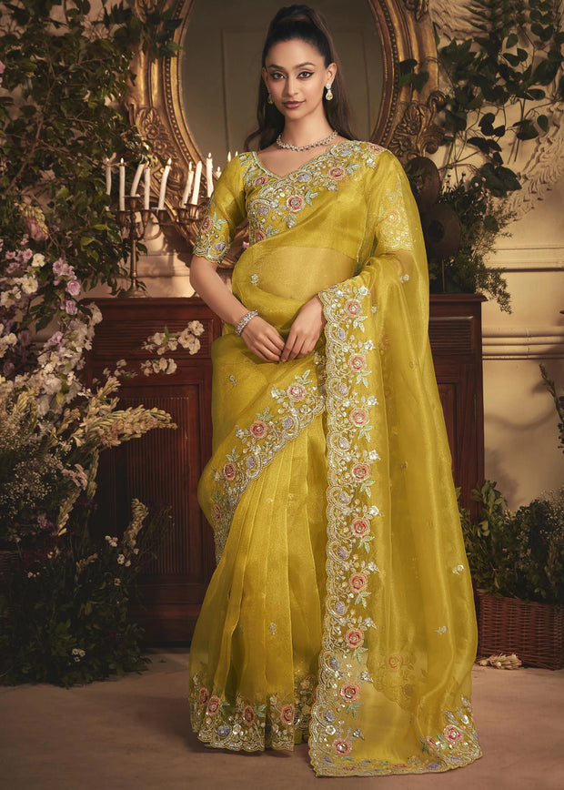 Mimosa Yellow Designer Tissue Organza  Saree