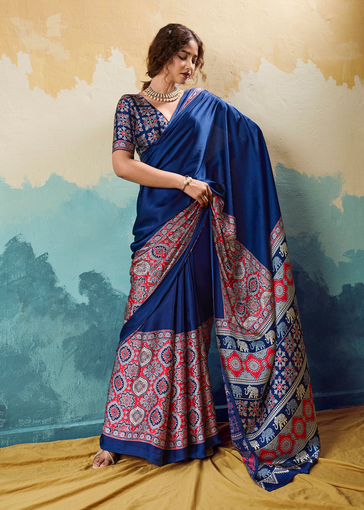 Nautical Blue Printed Satin Silk Saree