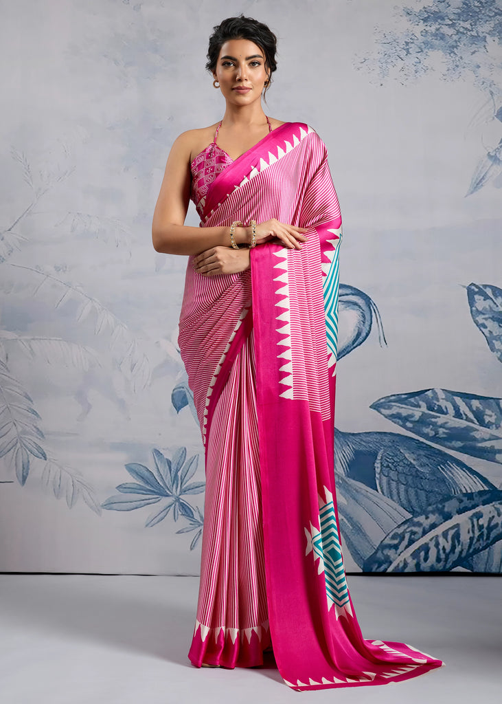 Fuchsia Pink Printed Satin Silk Saree