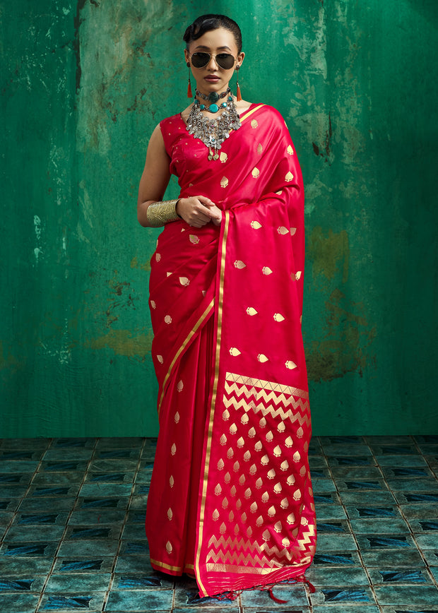 Bright Red Woven Banarasi Satin Silk Saree