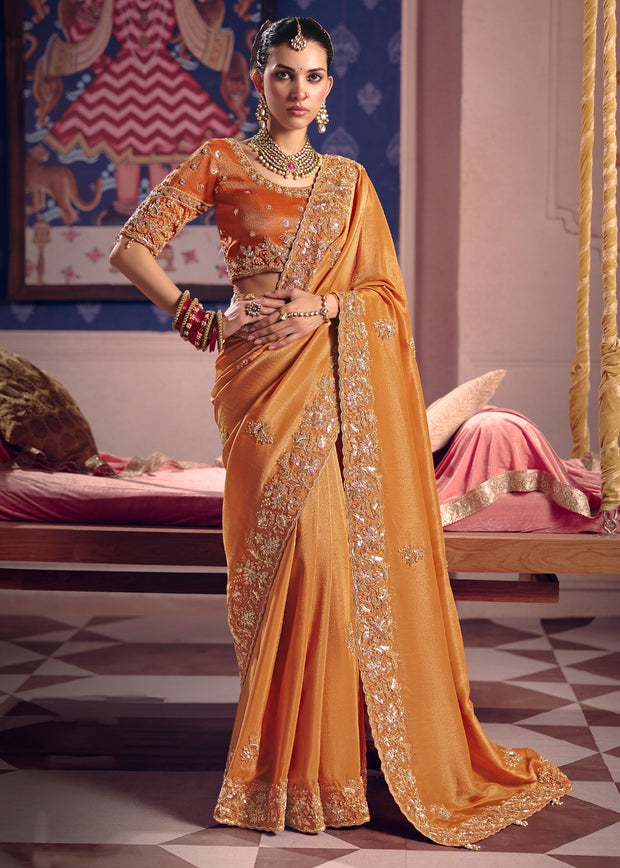 Saffron Orange Embroidered Tissue Designer Saree