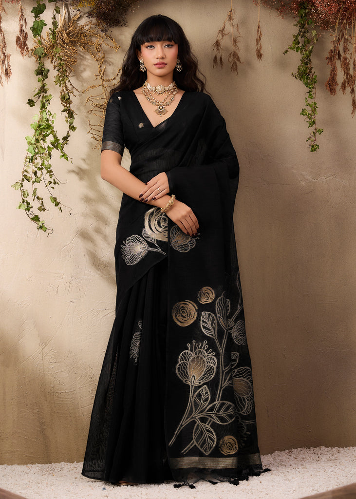 Phantom Black Woven Soft Silk Saree