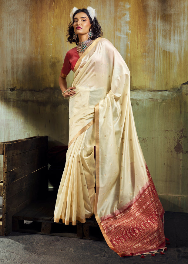 Off White Banarasi Tusser Silk Saree