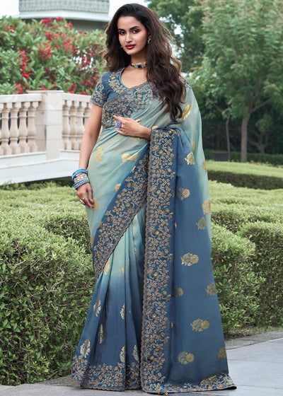 Aruba blue Heavy Embroidered Designer Silk Saree (10580180893889)