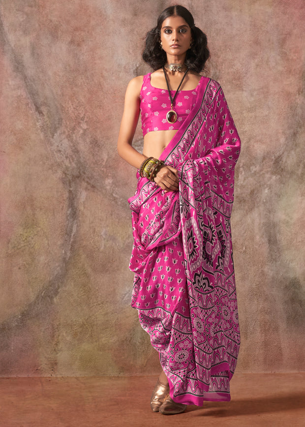 Hot Pink Printed Crepe Satin Silk Saree