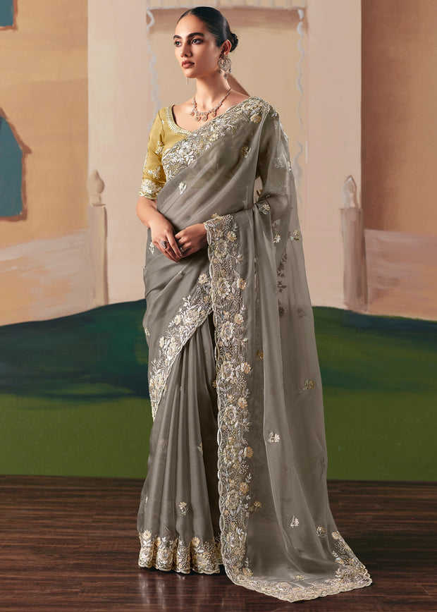 Taupe Grey Embroidered Designer Saree