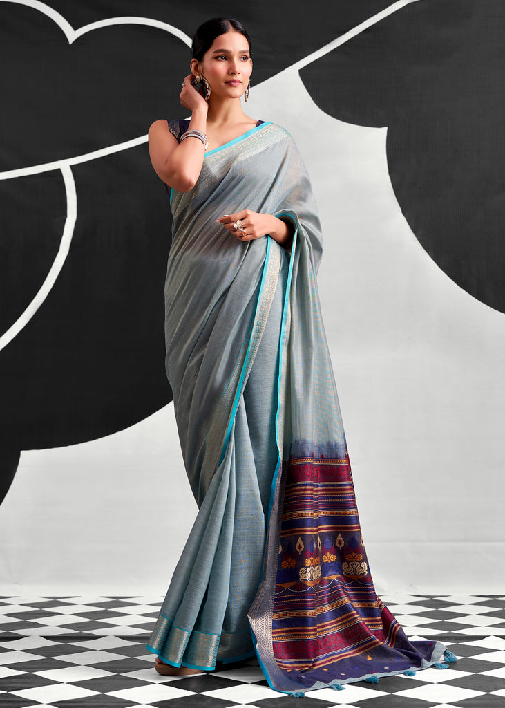 Aquatic Blue Woven Linen Cotton Silk Saree