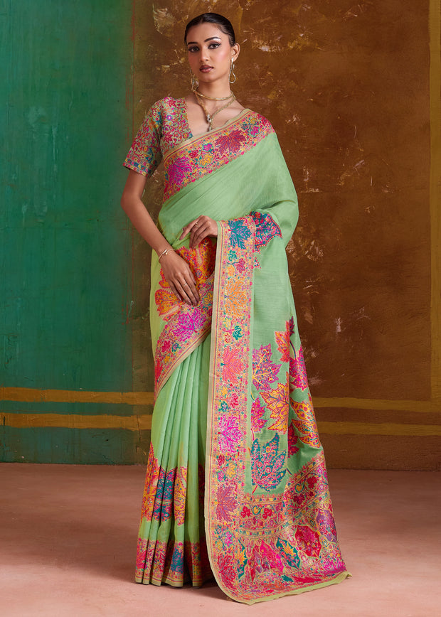 Pista Green Woven Cotton Kashmiri Jamewar Saree