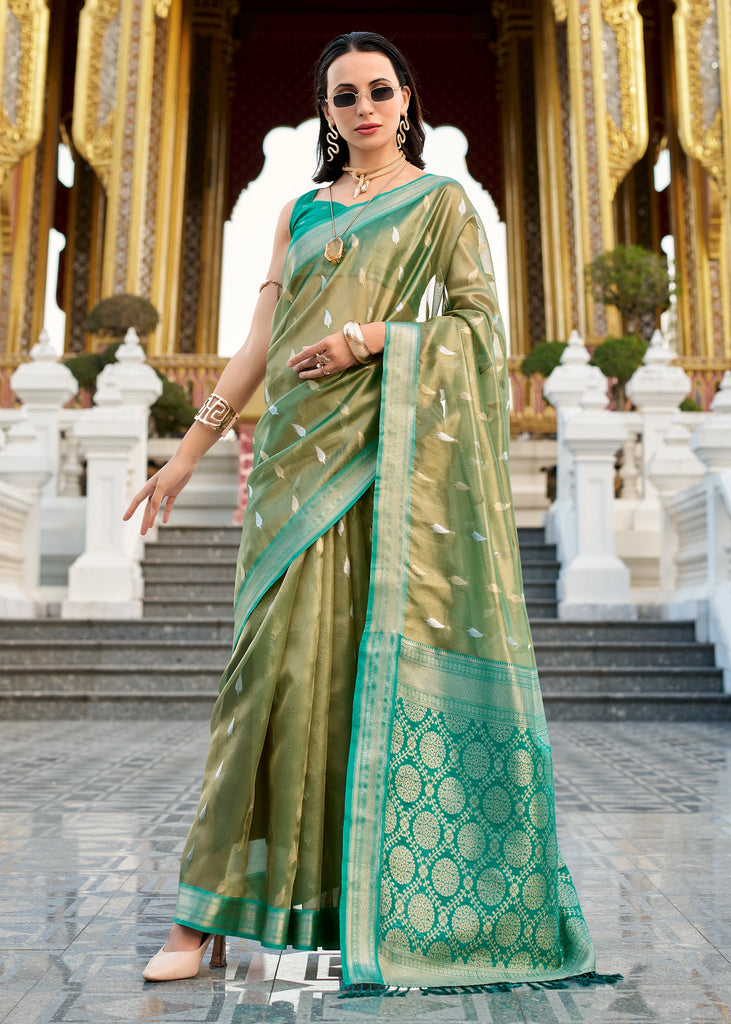 Golden Green Woven Tissue Silk Saree