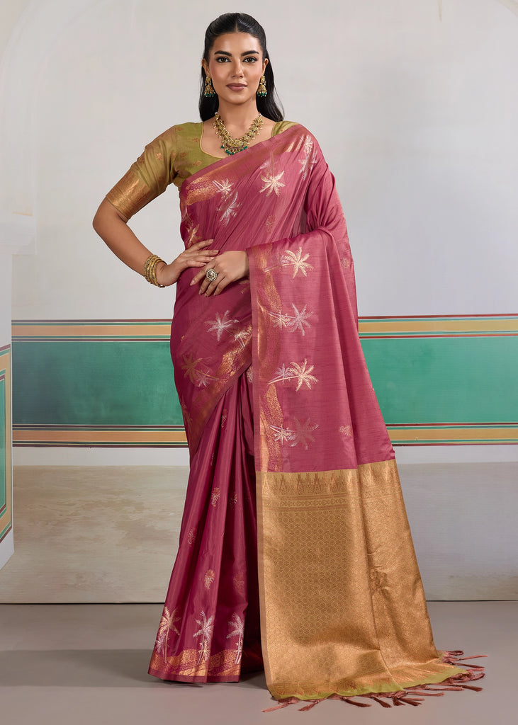 Mauve Pink Woven Tussar Silk Saree
