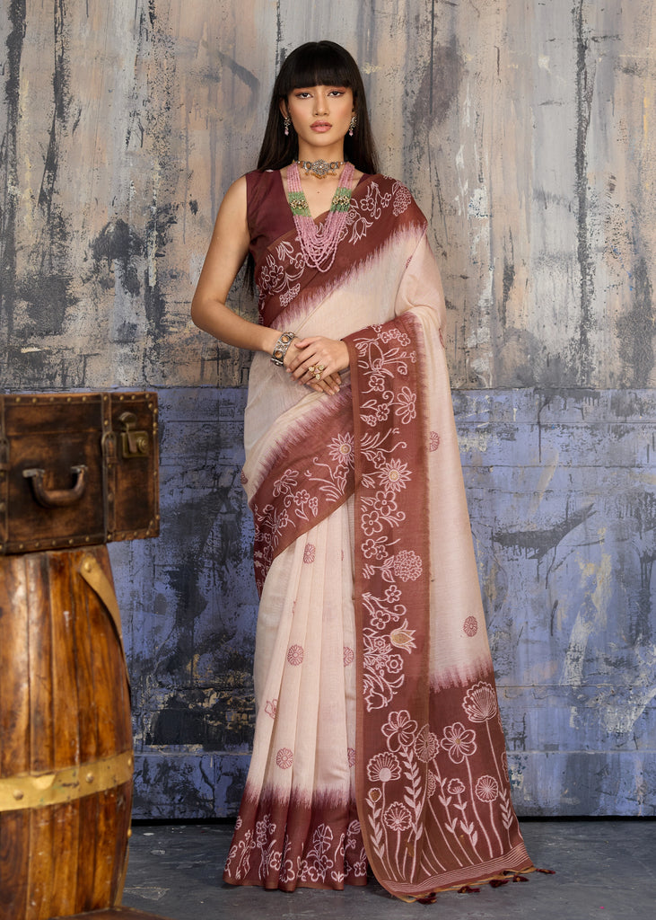 Coffee Brown Printed Cotton Silk Saree