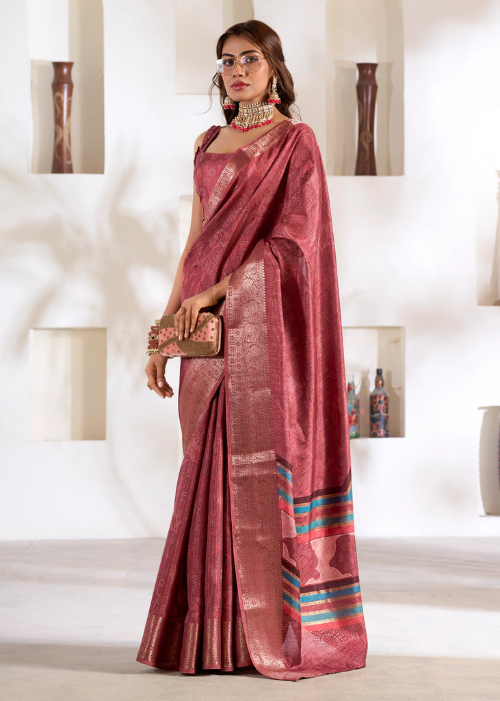 Dusky Red Banarasi Printed Soft Silk Saree