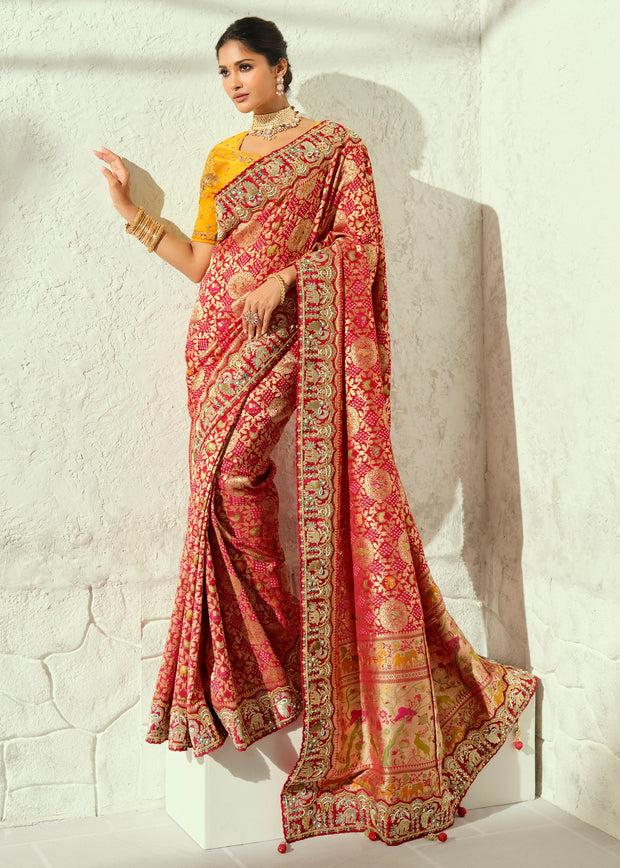 Red Embroidered Georgette Bandhej Saree