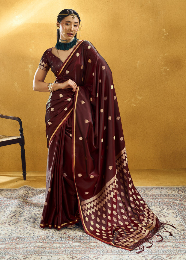 Dark Maroon Woven Banarasi Satin Silk Saree