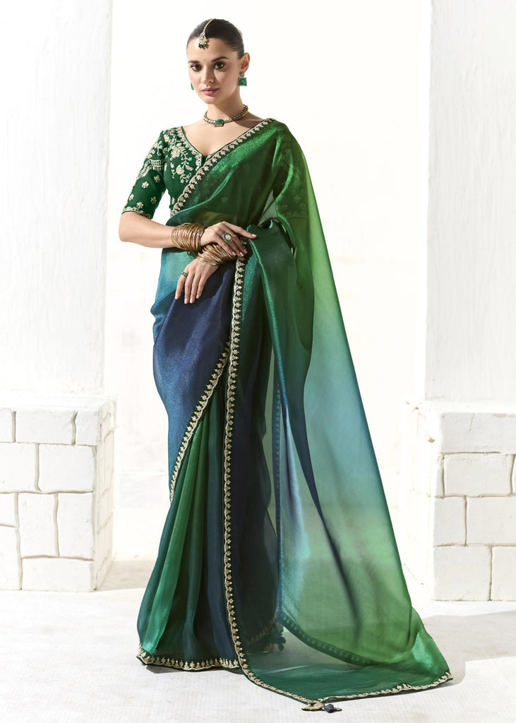 Jungle Green Designer Organza Tissue Silk Saree