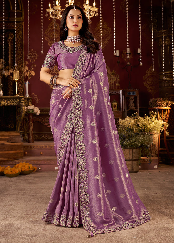 Iris Purple Embroidered Tissue Designer Saree