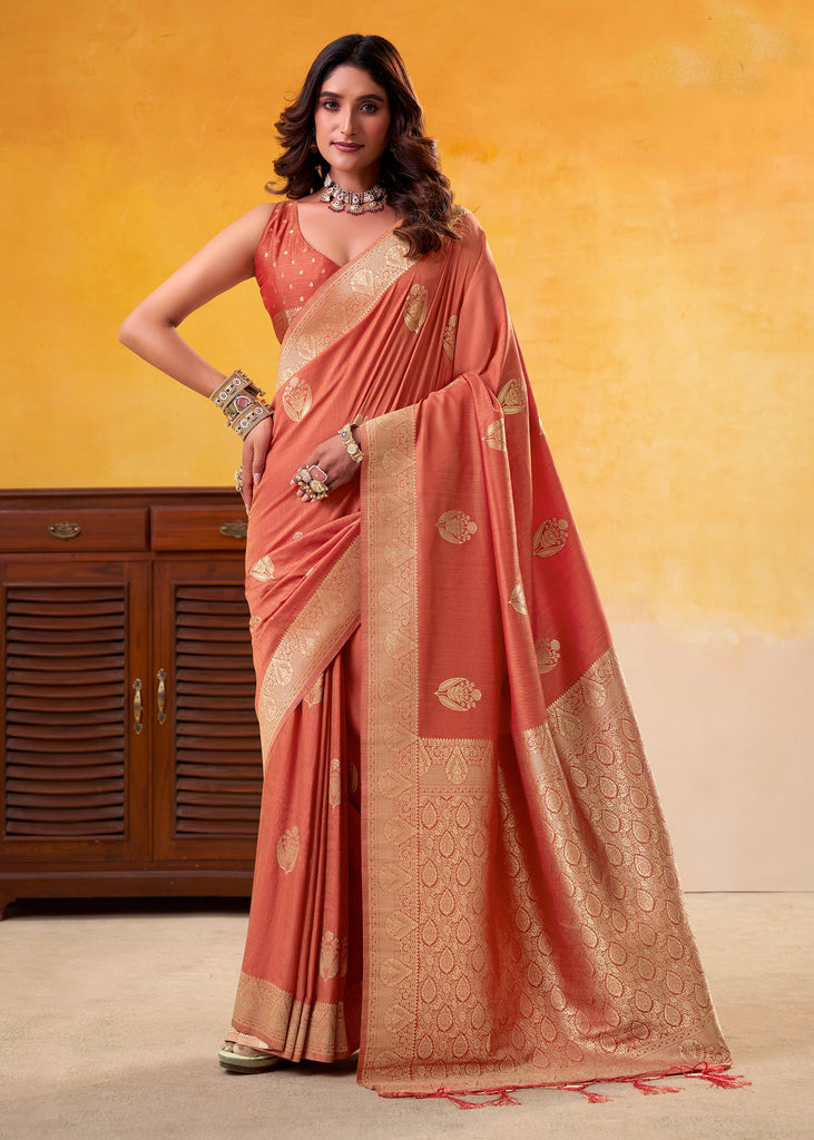Orange Peach Woven Tusser Silk Saree
