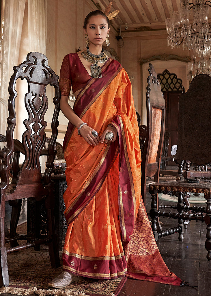 Saffron Orange Banarasi Tussar Silk Saree