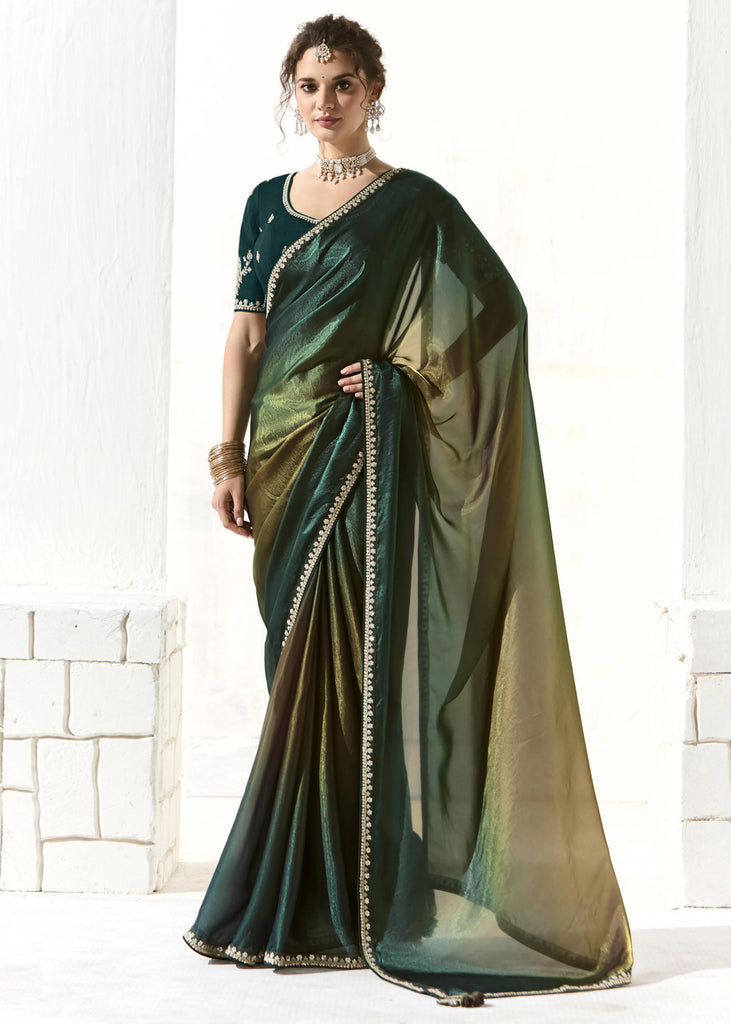 Hunter Green Designer Organza Tissue Silk Saree