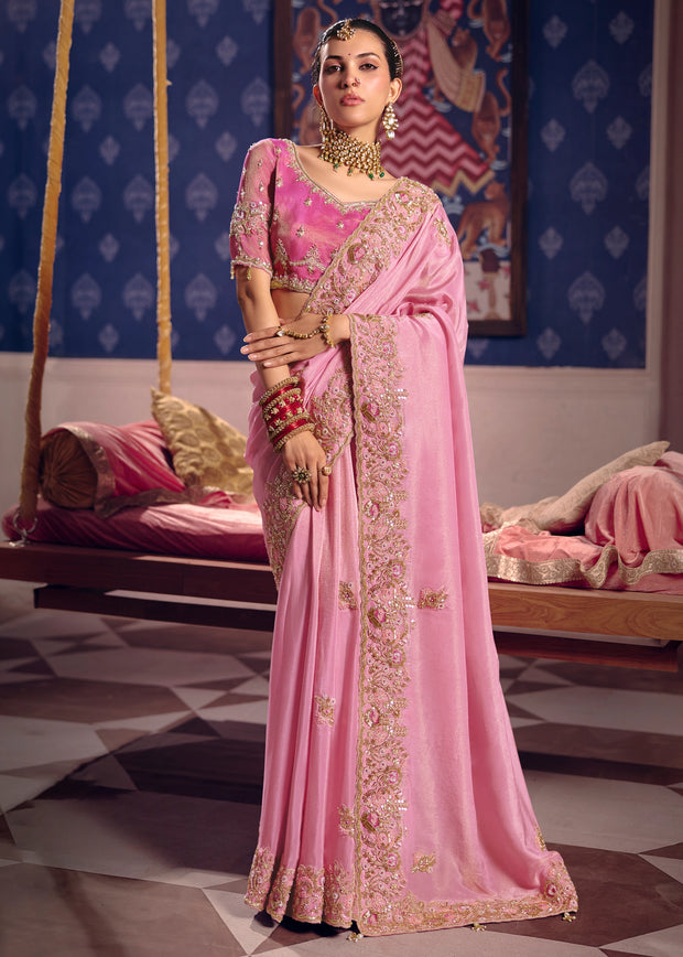 Blush Pink Embroidered Tissue Designer Saree