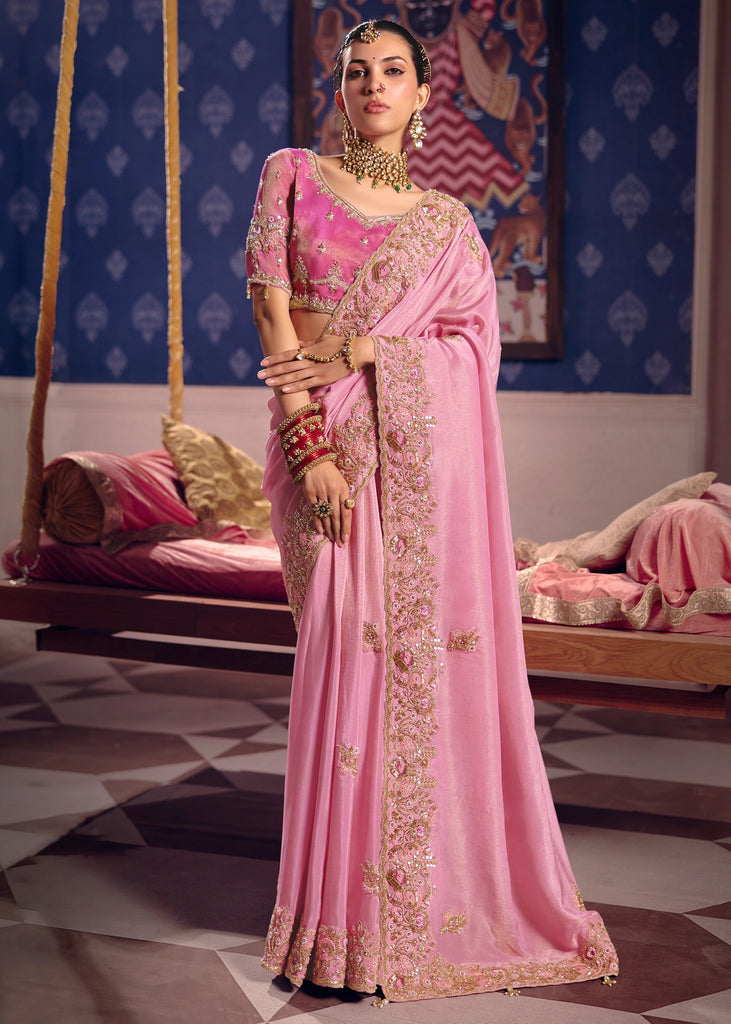 Blush Pink Embroidered Tissue Designer Saree
