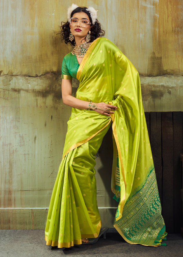 Lime Green Banarasi Tusser Silk Saree