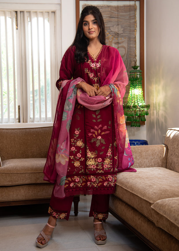 Wine Purple Embroidered Silk Suit Set (10702898495681)
