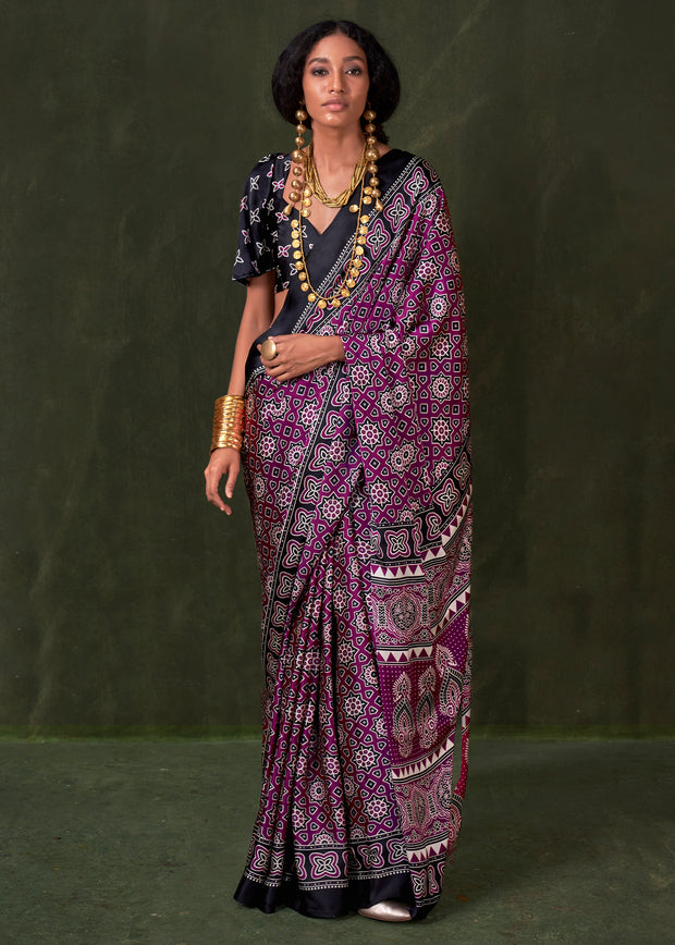 Phlox Purple Printed Satin Crepe Silk Saree