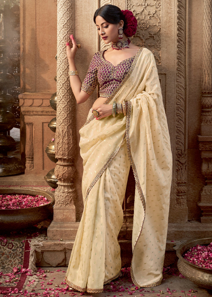 “Exclusive Offer” : Off White Woven Designer Embroidered Silk Saree With Contrast Blouse