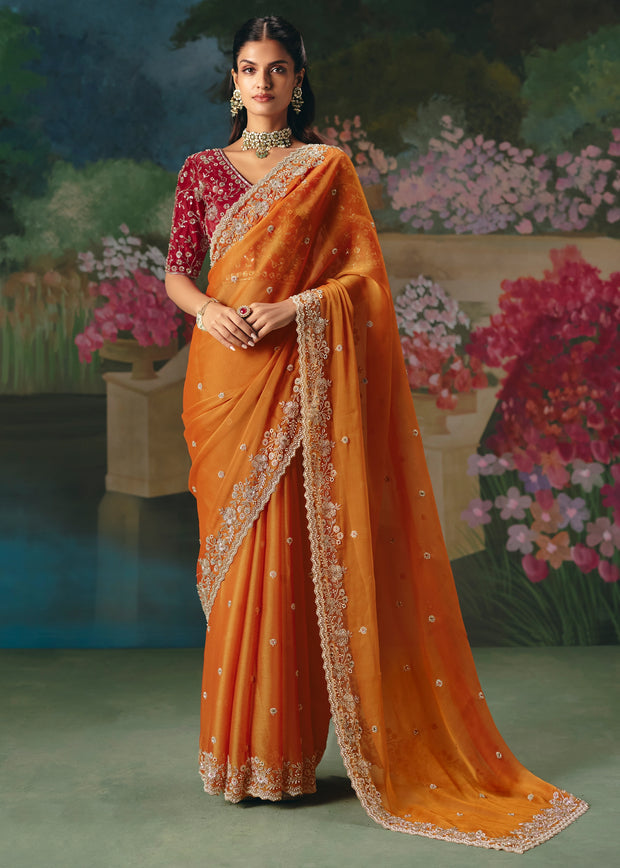 Peel Orange Embroidered Designer Saree