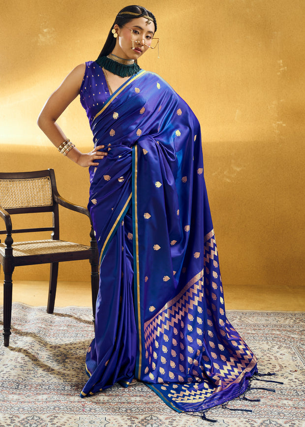 Indigo Blue Woven Banarasi Satin Silk Saree