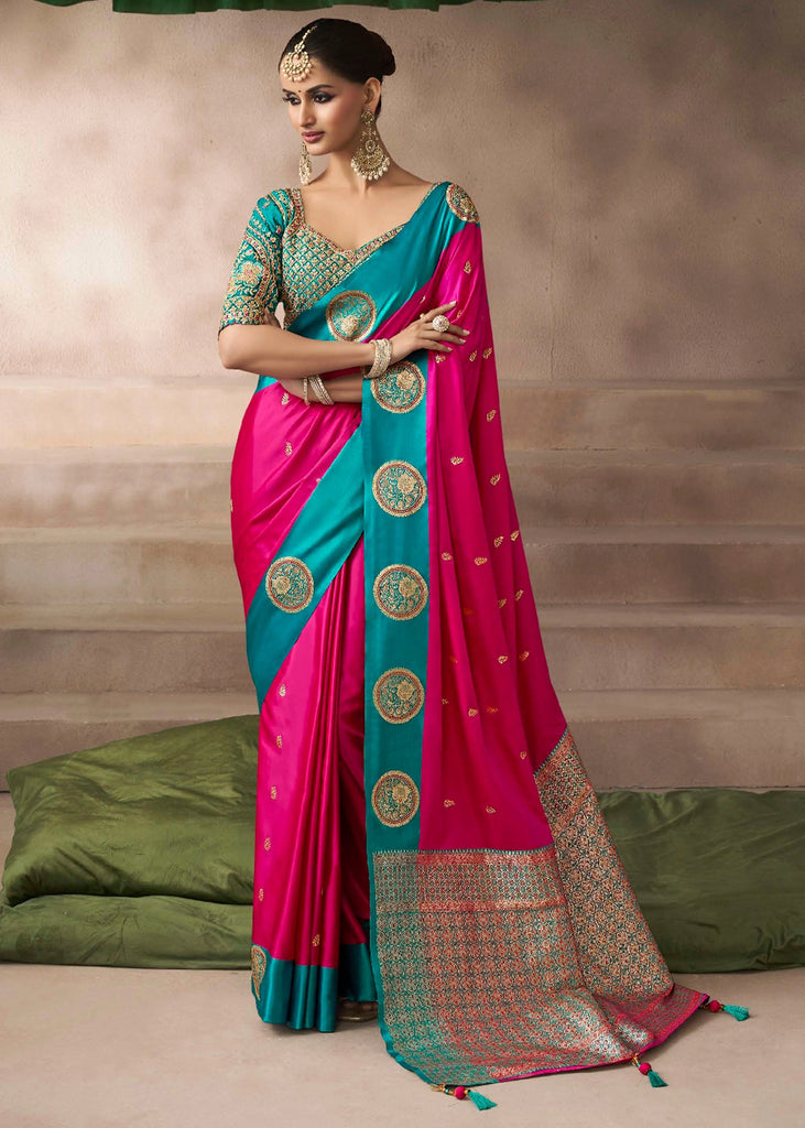 “Exclusive Offer” : Rani Pink Woven Banarasi Satin Silk Saree