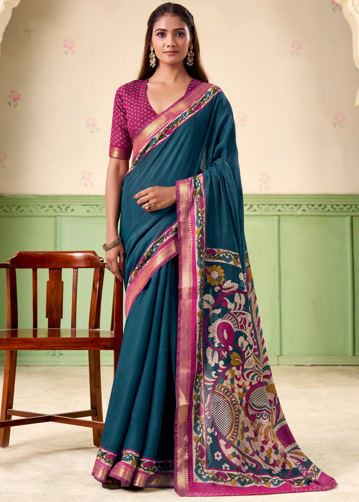 Coral Blue kalamkari Printed Cotton Silk Saree