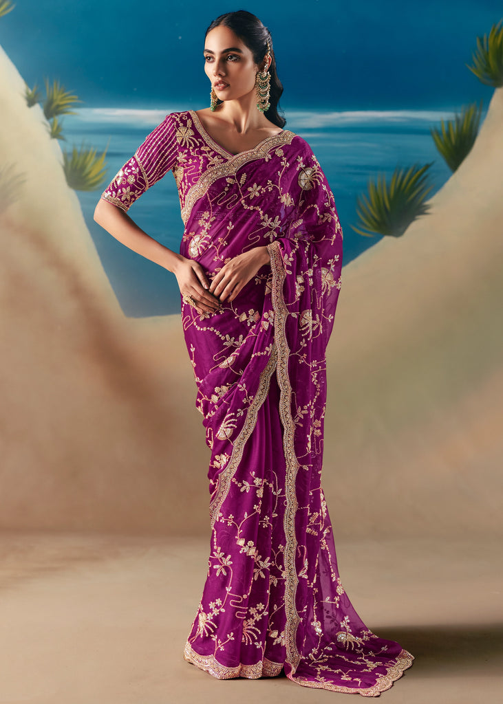 Magenta Pink Satin Organza Embroidered Saree
