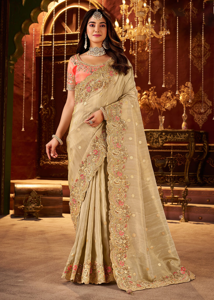 Classy Beige Embroidered Tissue Designer Saree