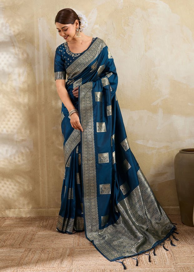 Coral Blue Woven Banarasi Silk Saree