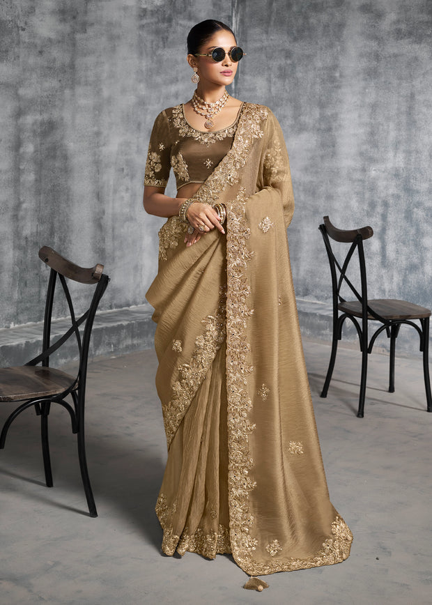 Almond Beige Embroidered Tissue Silk Saree