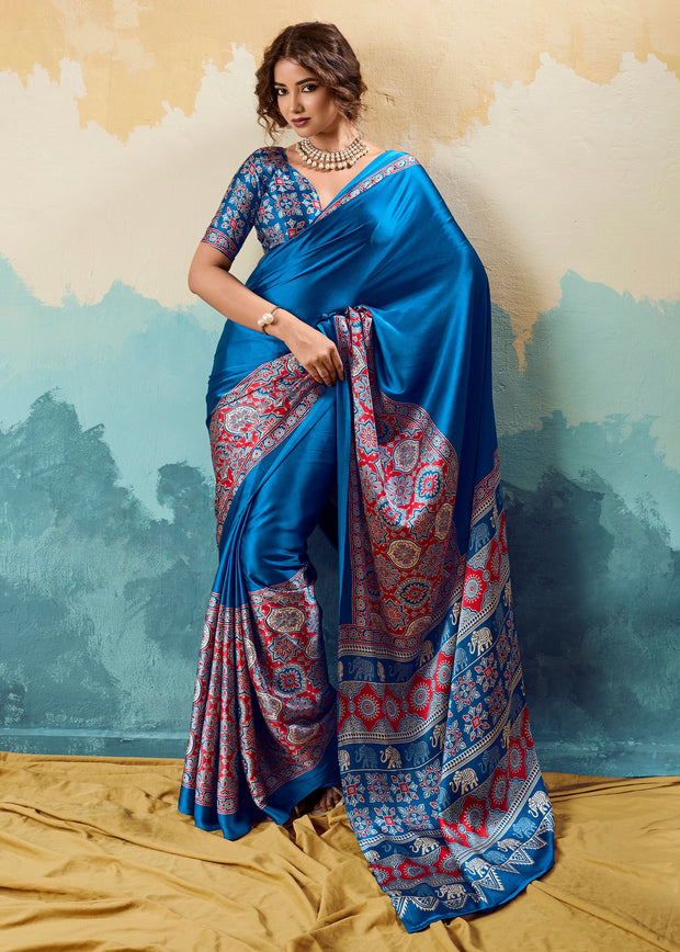Swedish Blue Printed Satin Silk Saree
