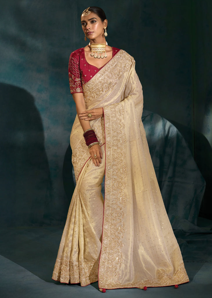 Ivory Embroidered Designer Tissue Saree