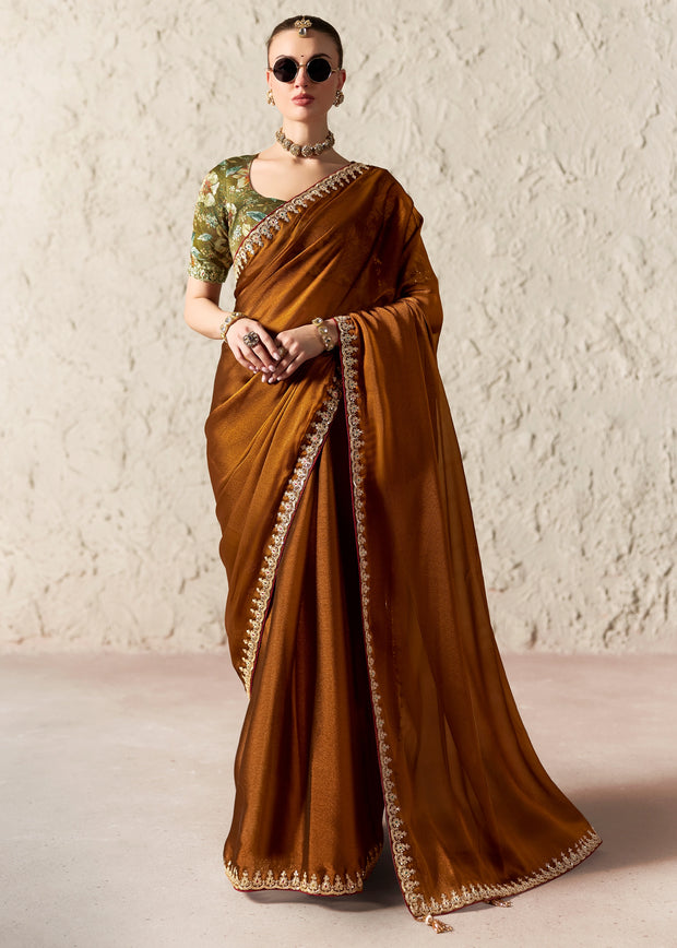 Copper Brown Designer Organza Tissue Silk Saree With Printed Blouse